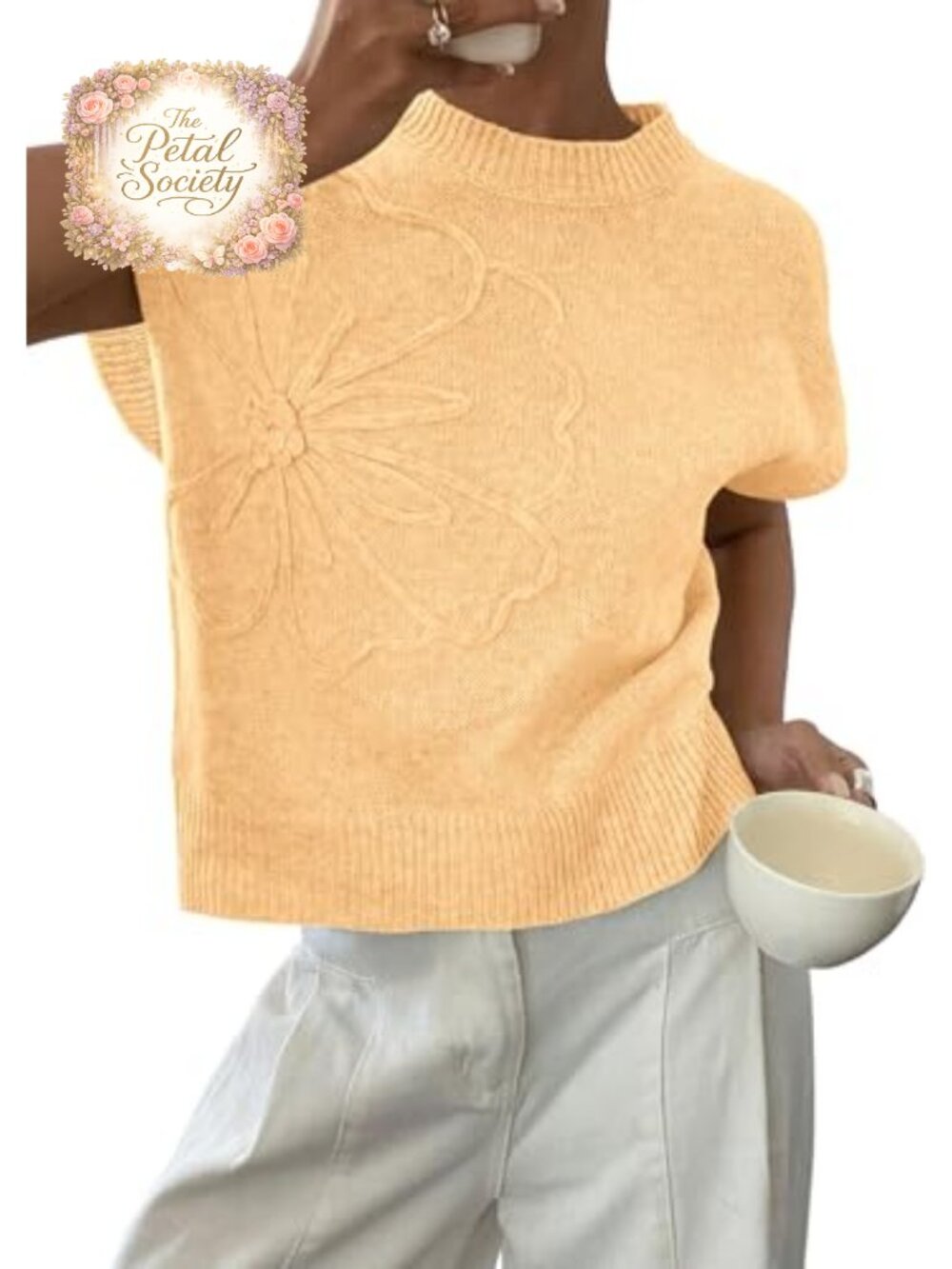 Knitted Sweater Vest with 3D Flower Cap Sleeve Crew Neck Pullover